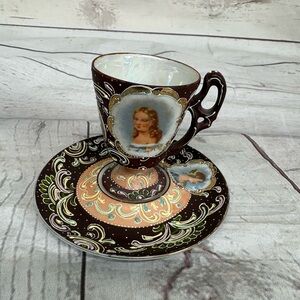Ardalt Mini Portrait Cup and Saucer Raised Design Gold Trim Japan Demitasse Cup